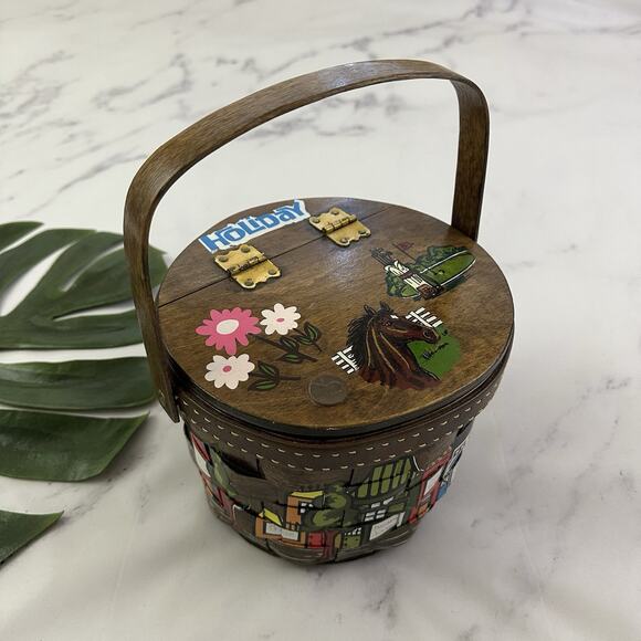 Caro Nan Vintage 60s Basket Purse Hand Painted Round Signed Shoe Box Holiday - Picture 1 of 10